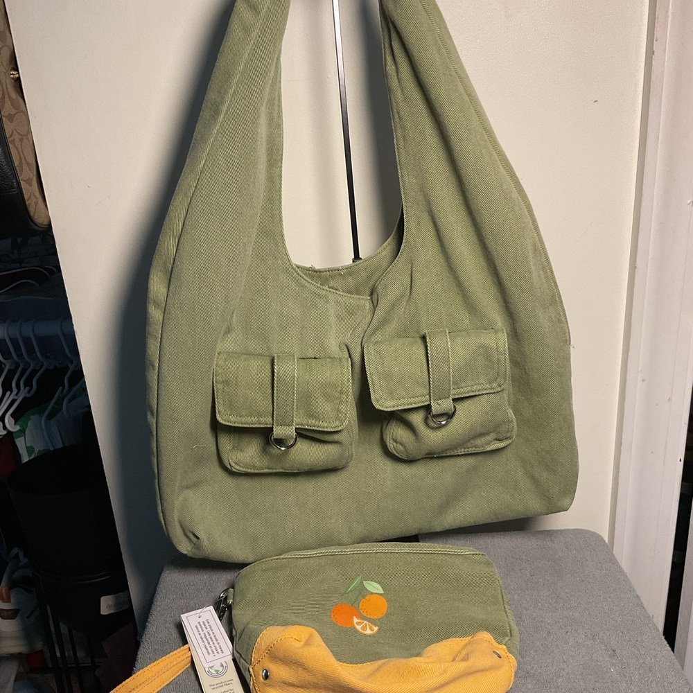 Green Canvas no boundaries hobo And Matching Pouch